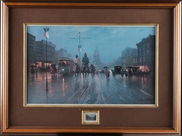Unique signed G. Harvey framed Print titled "Street Cars Along the Avenue" #82, double signed at