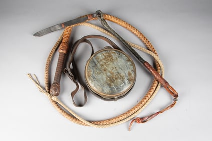 This lot consists of three Items to include: (1) Hand braided vintage 8 ft. Whip with braided
