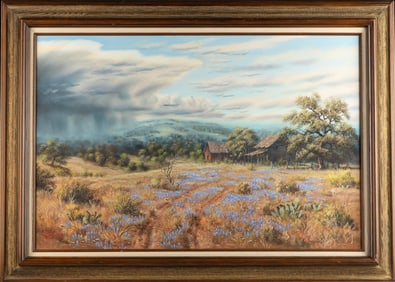 Large Western Painting of Bluebonnets in the Texas Hill Country by noted Texas Artist Renne Hughes,