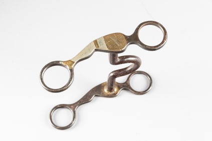 "Kelly Bros." marked gal-leg Bit, #5, with gal legs overlaid in silver and brass on cheek piece.