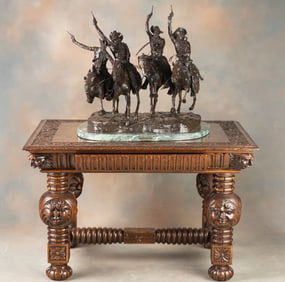 Fantastic antique oak, heavily carved Library Table with hide away drawer in carved skirt, circa