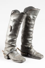 Pair of authentic and original tall top Boots, circa 1840s, mounted with the correct Spurs. Boots