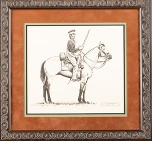 Group of five (5) Items to include: Four (4) Framed color Prints of the American Dragoon Soldier,