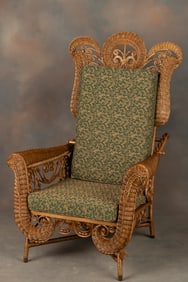 Extremely Rare Victorian Wicker Morris Chair, in natural wicker and beautiful custom green & gold