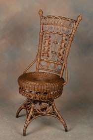 Extremely Rare Victorian Wicker high back, swivel Piano Stool, in natural wicker with