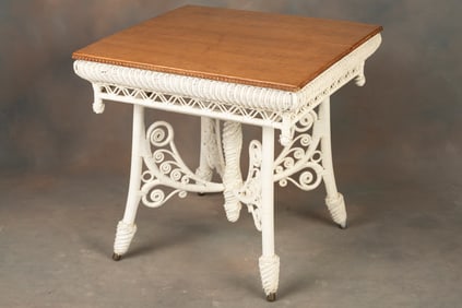 Victorian Heywood-Wakefield Parlor Table with white painted base and original 28" square oak top x