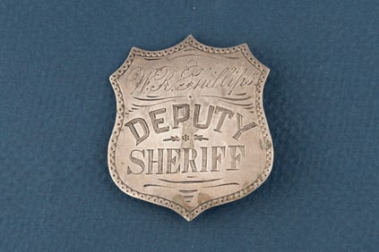 Vintage hand engraved “W. R. PHILLIPS/ DEPUTY SHERIFF?? marked Badge, has “T?? pin and “C