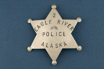 Vintage 6-point Ball Star Badge marked “2/ EAGLE RIVER/ POLICE/ ALASKA??. Nice old badge with pin
