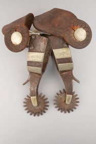 "Kelly Bros" marked single mounted Spurs, #106, Hamleys Special with chap guards, engraved silver