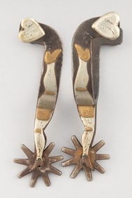 Pair of "K. B. & P. " marked, double mounted, double gal-leg Spurs, #34, with fixed heart buttons.