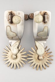 "Crockett" marked single mounted Spurs, #256, Mexicana pattern, with sombreros on heel bands. Spurs