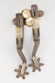 Inside marked "Crockett" Spurs, single mounted, #197, with silver engraved overlay arrows on heel