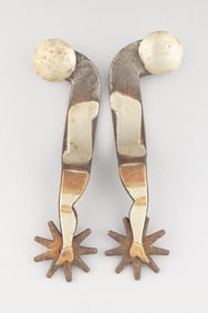 Pair of "Kelly Bros." marked single mounted gal-leg Spurs, #16, with silver scrolls overlaid on heel