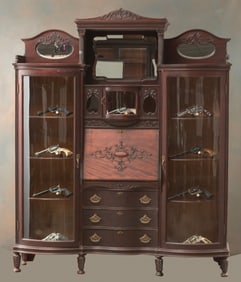 Monumental antique mahogany, double curved glass, double Bookcase/Secretary with drop front desk in