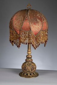 Magnificent ornate Table Lamp with fancy cast iron base and large ornate 17" embroidered silk shade