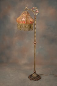 Very ornate cast iron and brass Floor Lamp with fancy footed base, 16" decorated silk shade with 5"