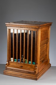 Scarce Coats & Clark oak roll front, revolving Spool Cabinet, circa 1890-1910. Counter top models