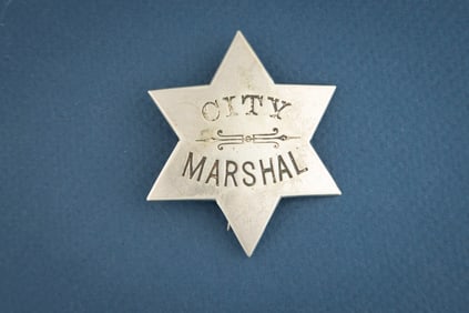Vintage silver tone 6-point Star Badge marked “CITY/MARSHAL??, great patina and wear with some