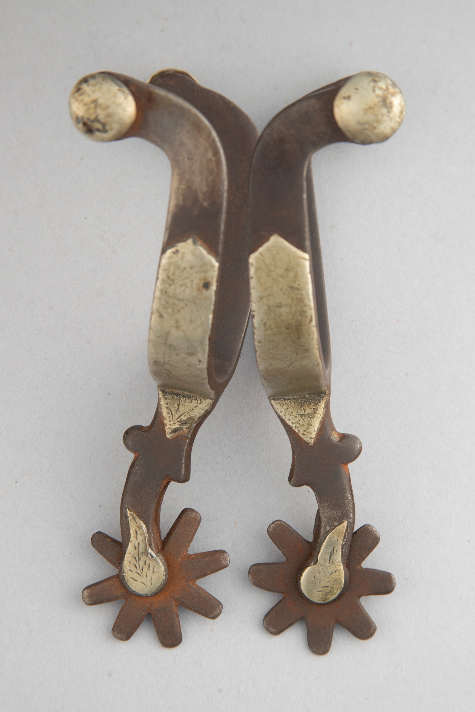 Pair of McChesney "Arm & Hammer" marked double mounted Spurs, #41. Maples Estate.: Pair of McChesney "Arm & Hammer" marked double mounted Spurs, #41. Maples Estate.