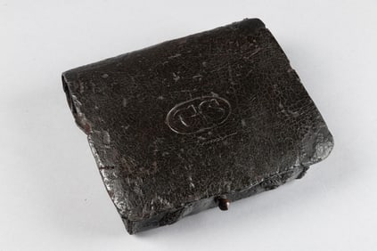 Authentic "C.S." marked Confederate leather Ammo Pouch with flap cover, measures 8 1/4" W x 7" T.