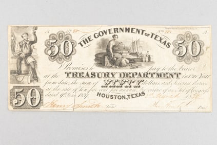 Early Texas Currency, a Fifty Dollar Bill dated 1838, signed by Sam Houston. Dated two years after