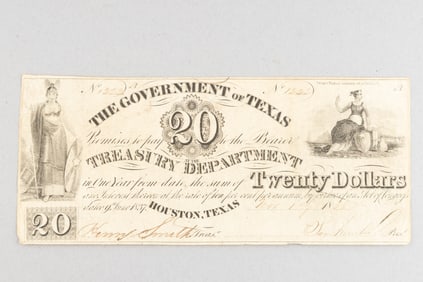Early Texas Currency, a Twenty Dollar Bill dated 1838, signed by Sam Houston. Dated two years after