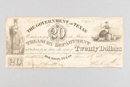 Early Texas Currency, a Twenty Dollar Bill dated 1838, signed by Sam Houston. Dated two years after