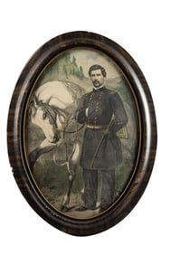 Antique bubble glass, oval Frame with tinted Print, marked on back "General George McClellan". Oval