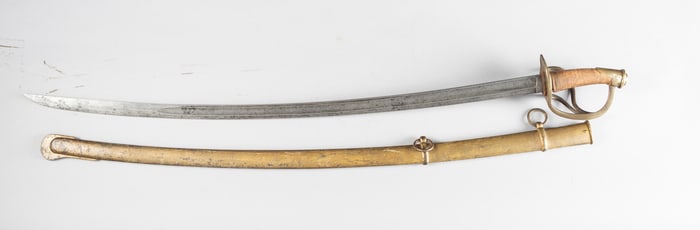 Vintage Sabre, no maker mark, 36" blade with blood groove, with brass D-guard handle, sold in its