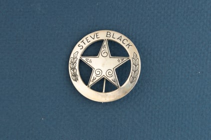 Circle cut out Star Badge made from a Cinco Peso Mexican Coin, marked "Steve Black", Co. D Texas