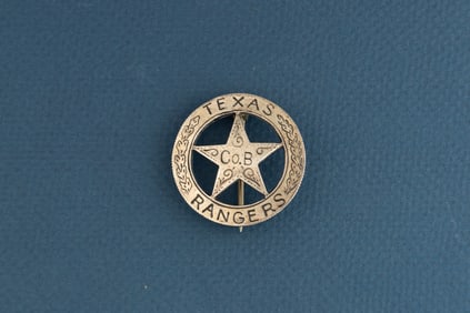 Circle Cut out Star Badge made from a Cinco Peso Mexican Coin marked "Texas/Co. B/Rangers", measures