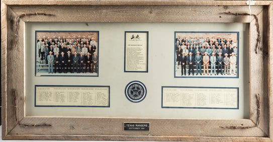 Large custom framed group of Texas Rangers Items, two matted 8x10 photographs, dated September 1991,