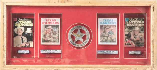 Framed Collection of 4 miniature Comic Books with a running Texas Ranger Clock marked "Dept of