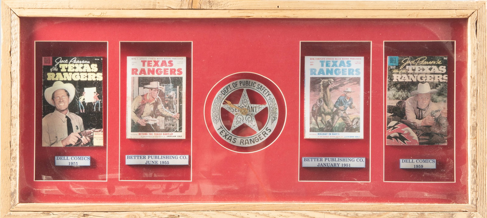 Framed Collection of 4 miniature Comic Books with a running Texas Ranger Clock marked "Dept of: Framed Collection of 4 miniature Comic Books with a running Texas Ranger Clock marked "Dept of Public Safety/Sergeant/Texas Rangers". Two of the Mini comic books are titled "Jace Pearson's Tales of th