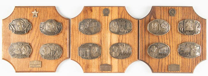 Collection of 12 Decorative Belt Buckles on three (3) Plaques commemorating 12 of the early notable