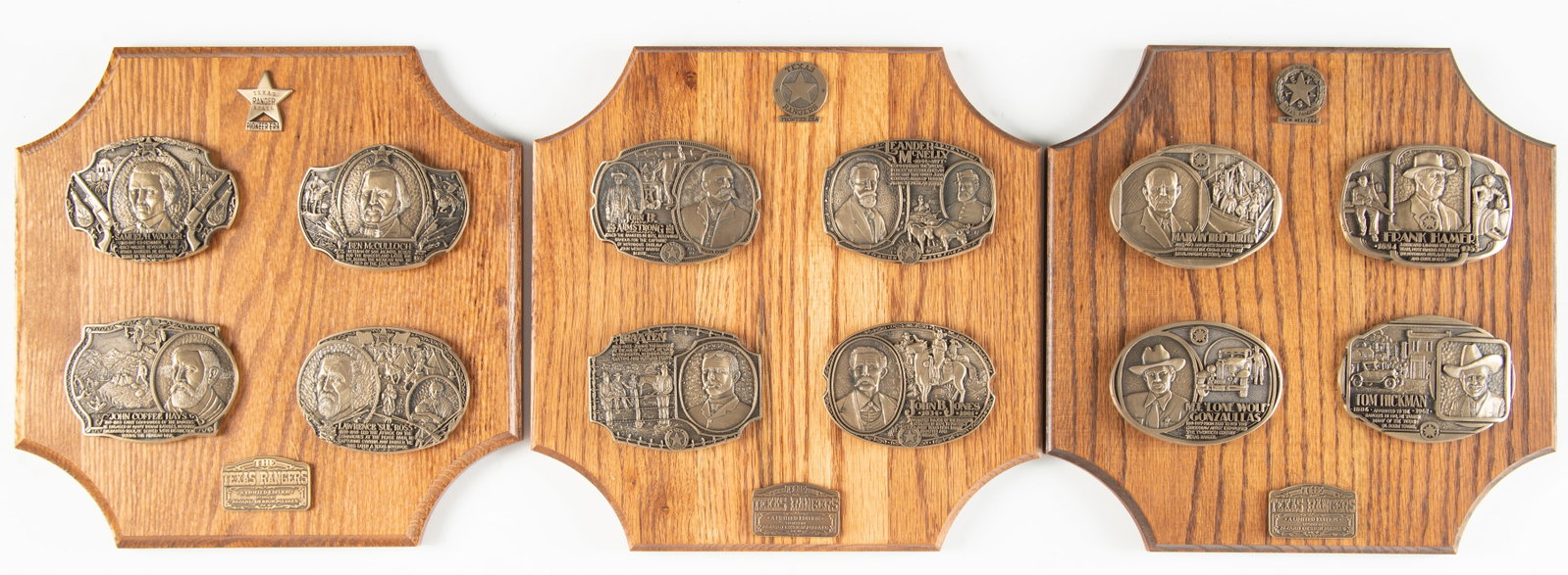 Collection of 12 Decorative Belt Buckles on three (3) Plaques commemorating 12 of the early notable: Collection of 12 Decorative Belt Buckles on three (3) Plaques commemorating 12 of the early notable Texas Rangers. These buckles are mounted on custom wooden plaques that measure 11 1/4" x 11 1/4" wit