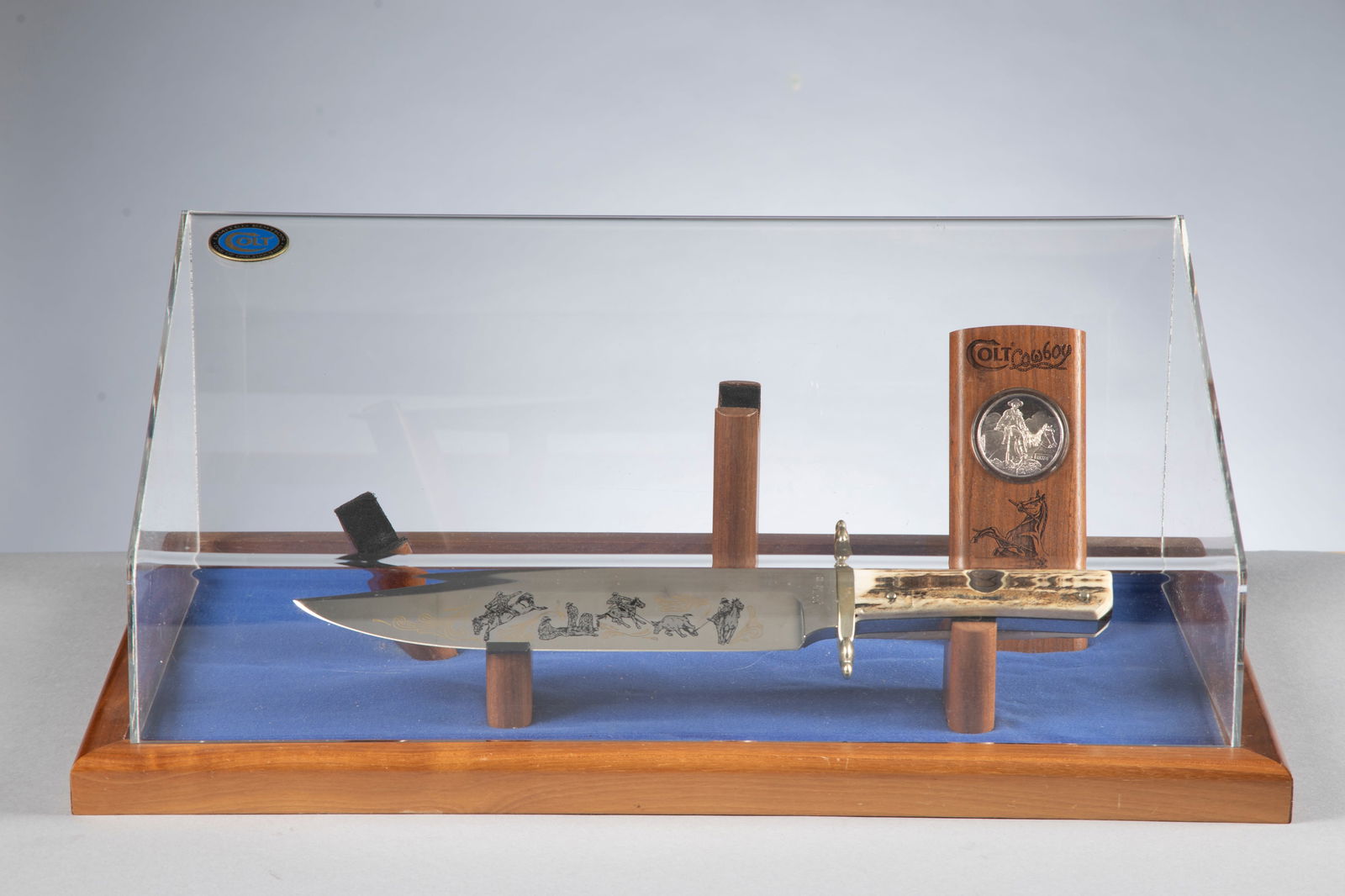 Colt marked Display Case designed for this large Bowie Knife. Ricasso on Bowie is marked "Colt since: Colt marked Display Case designed for this large Bowie Knife. Ricasso on Bowie is marked "Colt since 1836" on one side & "Hand Crafted Germany" on the other side. This huge Bowie has 9 1/4" blade, 14"