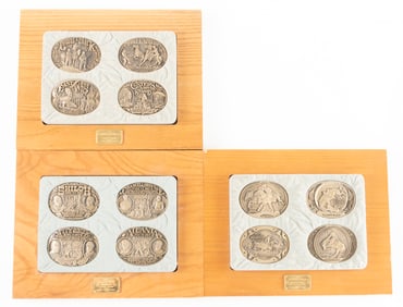 Collection of three wooden Plaques with solid brass Belt Buckles,  4 Buckles to each plaque. Each