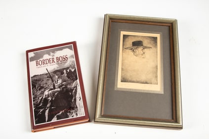 Framed Drawing of Texas Ranger Capt. John R. Hughes by artist Irving Schwartz, measures 8 1/2" x 12
