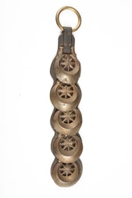 Vintage Leather Strap displaying five (5) fancy brass Saddle Conchos. Maples Estate.
