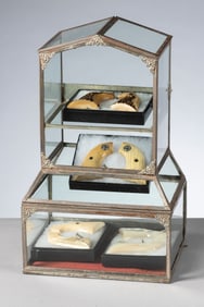 Unique antique country store, tin and glass, counter top Display Case with single door rear entry.