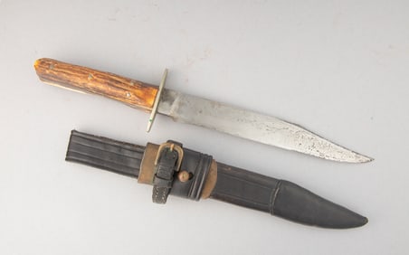 Vintage Buck Horn Handled Clip Point Side Knife with German Silver pins holding handle, 7 3/4" blade