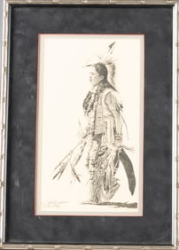 Artist S. Johnson signed, framed original Pencil Art of Navajo Dancer, dated 1986, frame measures 10