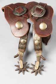 Pair of inside marked "Crockett" single mounted Spurs, Fred Porter Spl. #169, with chap guards and