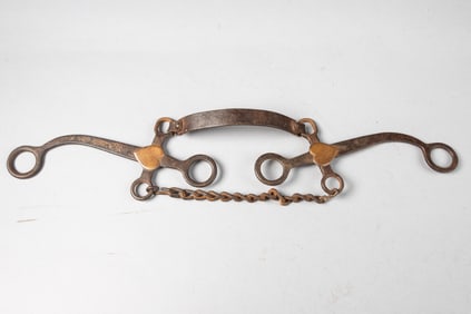 Unique "Kelly Bros." marked iron Training Bit with engraved brass hearts on cheek piece and metal