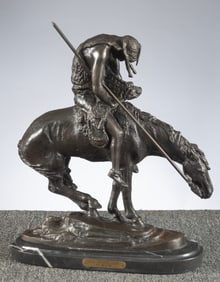 Bronze Sculpture titled "End of the Trail", marked "J.E. Fraser", measures 18 1/2" T x 16" L,