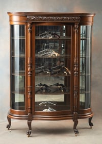 Beautiful antique, solid mahogany, triple curved glass China Cabinet with serpentine door, ornate