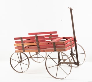 Antique small wooden Wagon, circa 1920s, in original red paint with all metal running gear. Front