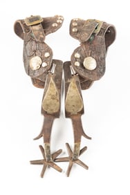 Pair of unmarked Crockett Spurs, single mounted, big leaf pattern, #157 with chap guards. Sold with