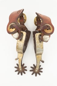 Pair of inside marked "O. Crockett" Spurs, #223, single mounted, full overlay with chap guards,